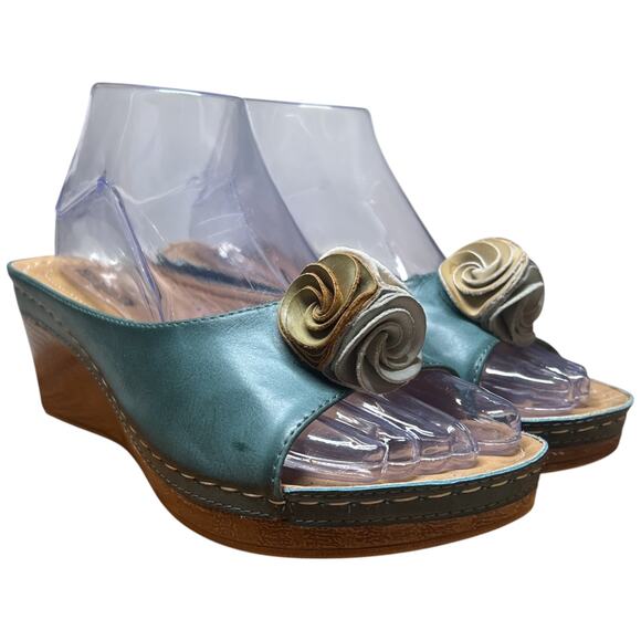 GOOD CHOICE Sydney Size 7.5 Turquoise Slip On Wedge Heel Sandals Floral Flower - Picture 7 of 14